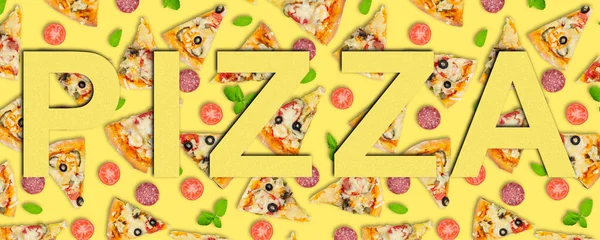 黄色のピザのスライス レストランやファーストフード ピザの配達のためのバナーやチラシのコンセプト トップビュー フラットレイアウト — ストック写真