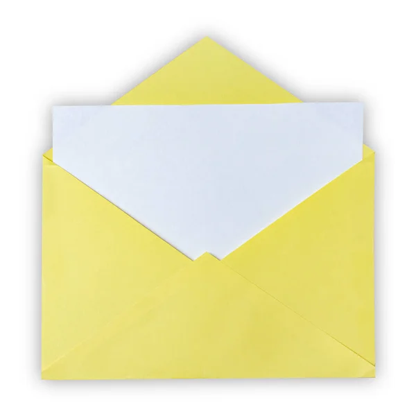 Yellow Envelope White Sheet Place Text White Background Copy Space — Stock Photo, Image