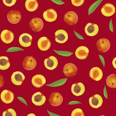 Kırmızı arka planda şeftali ve yeşil yaprakların kusursuz deseni.