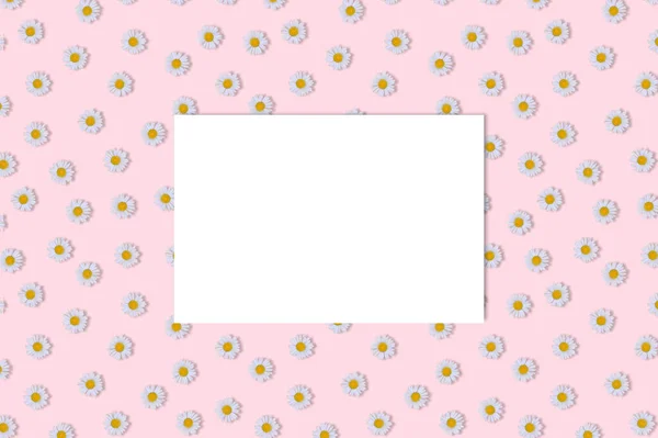 white card mockup with daisy pattern on a pink background. Top view, copy space.
