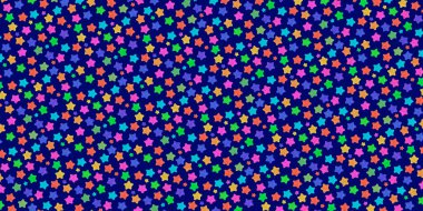 Farklı boyutlarda parlak renkli yıldızlarla büyük, koyu mavi bir arka plan. Yıldız deseni.