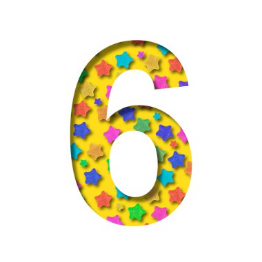 Tatil yazı tipi. 6 numara renkli yıldızlı bir şenlik deseninden yapılmıştır. Tatiller ve kutlamalar, yeni yıl, Noel ya da doğum günü için yazı tipi koleksiyonu, diğer yıldönümleri.