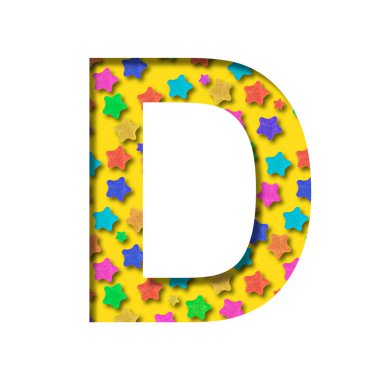 Tatil yazı tipi. D harfi renkli yıldızlı bir şenlik deseninden yapılmıştır. Tatiller ve kutlamalar, yeni yıl, Noel ya da doğum günü için yazı tipi koleksiyonu, diğer yıldönümleri.
