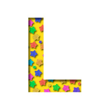 Tatil yazı tipi. L harfi renkli yıldızlı bir şenlik deseninden yapılmıştır. Tatiller ve kutlamalar, yeni yıl, Noel ya da doğum günü için yazı tipi koleksiyonu, diğer yıldönümleri.