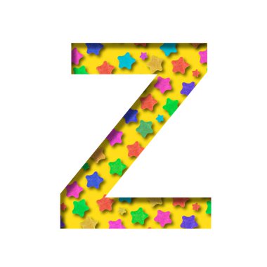 Tatil yazı tipi. Z harfi renkli yıldızlı şenlikli bir desenden yapılmıştır. Tatiller ve kutlamalar, yeni yıl, Noel ya da doğum günü için yazı tipi koleksiyonu, diğer yıldönümleri.