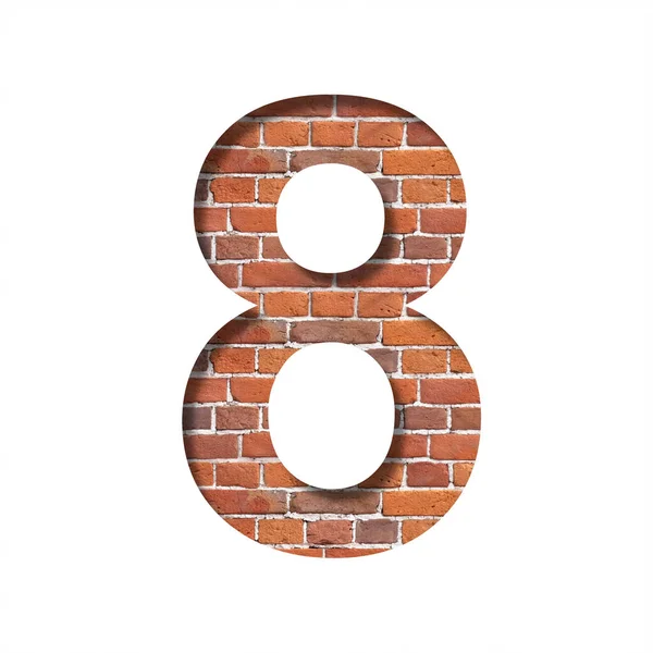 Font on brick texture. Digit eight, 8, cut out of paper on a background of real brick wall. Volumetric white fonts set