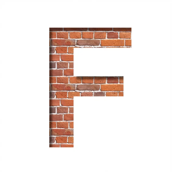 Font on brick texture. Letter F, cut out of paper on a background of real brick wall. Volumetric white fonts set.