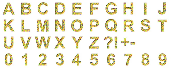 Праздничный Шрифт Алфавитные Буквы Abcdefghijklmnopqrstuvwxyz Цифры 1234567890 Набор Рисунка Цветными — стоковое фото
