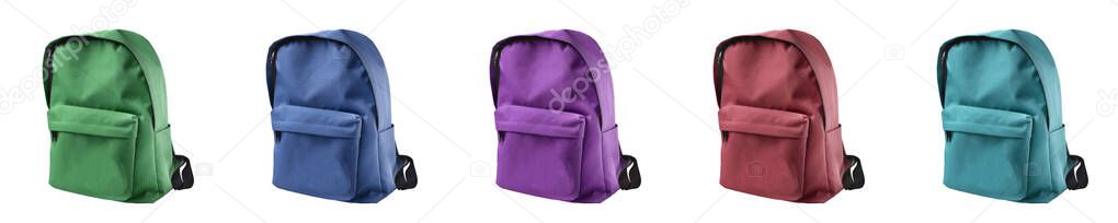 Set school backpacks in different colors on white isolated.