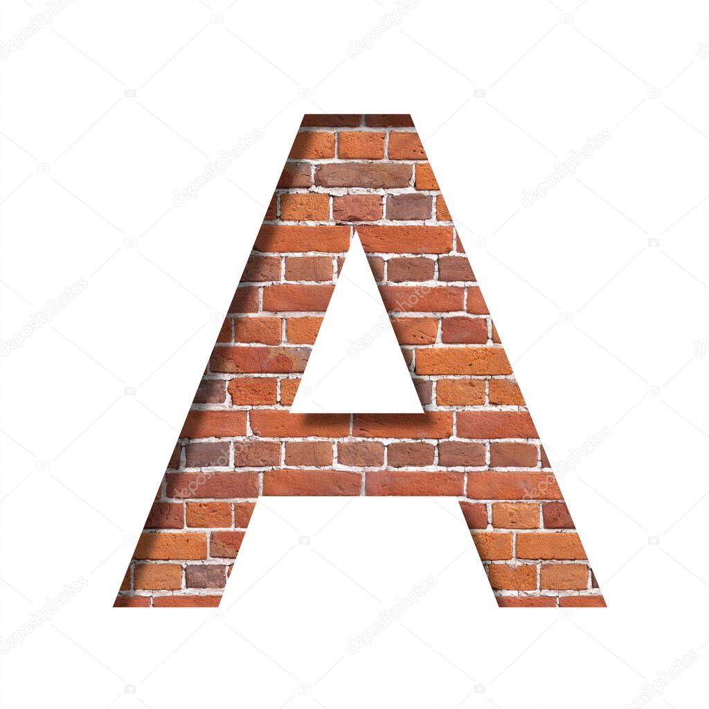 Font on brick texture. Letter A, cut out of paper on a background of real brick wall. Volumetric white fonts set.