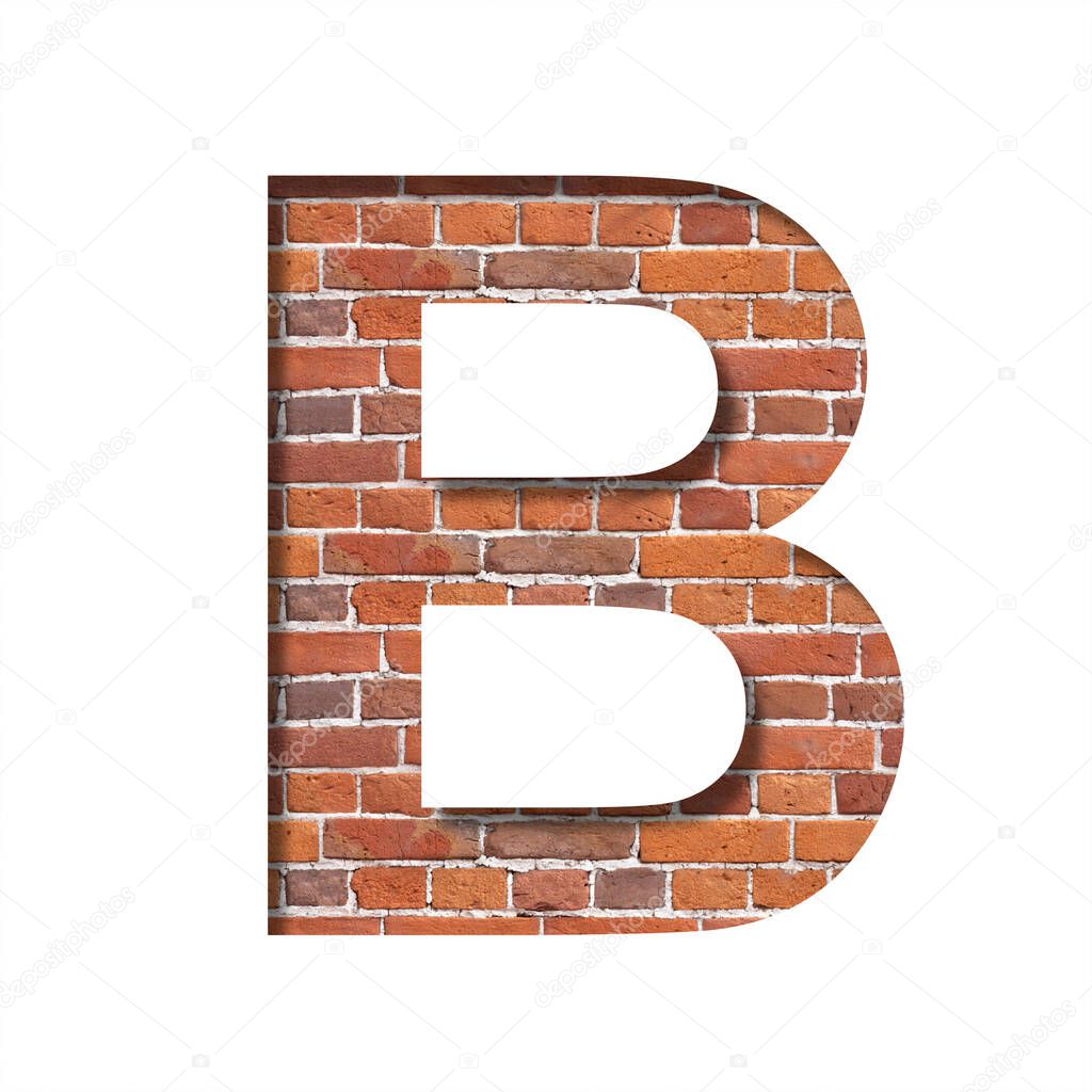 Font on brick texture. Letter B, cut out of paper on a background of real brick wall. Volumetric white fonts set.