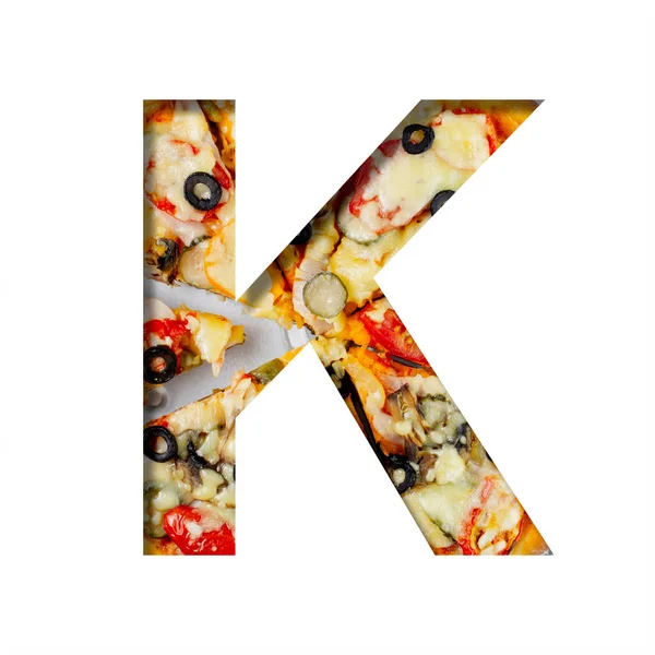 Шрифт Текстуре Пиццы Буква Вырезанная Бумаги Фоне Настоящей Средиземноморской Пиццы — стоковое фото