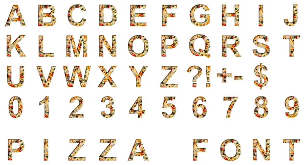 Font Pizza Texture Alphabet Letters Abcdefghijklmnopqrstuvwxyz Digits 1234567890 Set Made — Stock fotografie