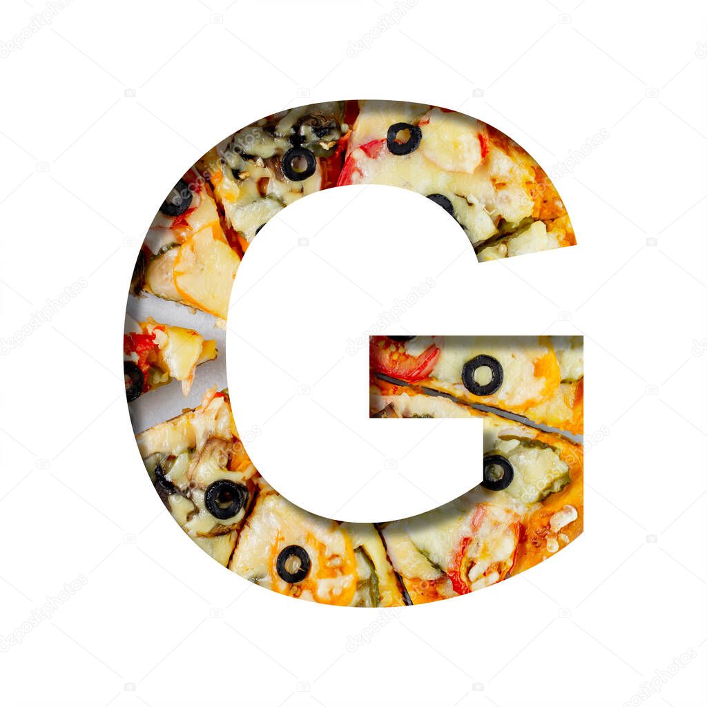 Font on pizza texture. Letter G, cut out of paper on a background of real mediterranean pizza. Volumetric white fonts alphabet set
