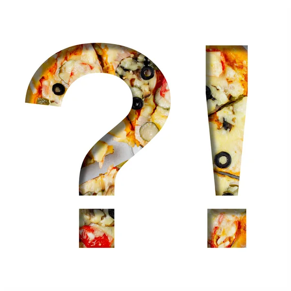 Fonts Pizza Texture Exclamation Question Marks Cut Out Paper Background — 스톡 사진