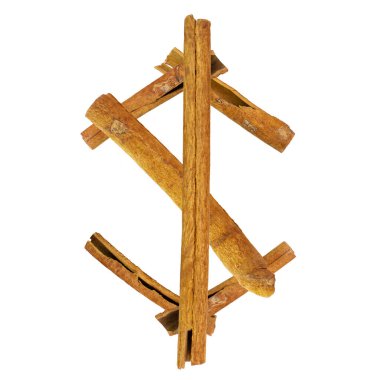 Tarçın yazı tipi. Beyaz izole edilmiş tarçın parçalarından yapılmış dolar para sembolü. Baharat yazı tipi seti.