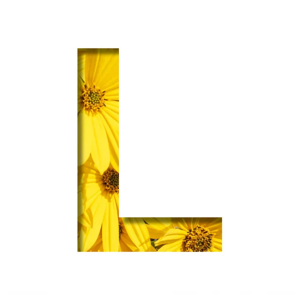 秋花字体 从纸上剪下来的信 背景是明亮的黄色秋天的花朵 一套体积小的自然字体 — 图库照片