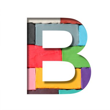 Çok renkli plastiksi yazı tipi. B harfi, arka planda renkli plastiklerin olduğu kağıttan kesilmiş. Bir dizi hacimsel renk yazıtipi.