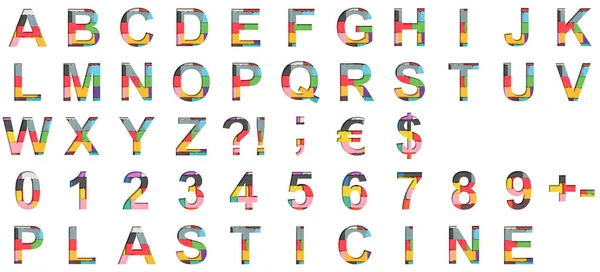 マルチカラーのプラスチックフォント アルファベット文字Abcdefghijklmnopqrstuvwyzと数字1234567890は 着色されたプラスチックの作品の背景に紙のカット — ストック写真