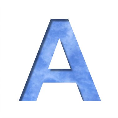 Mavi gökyüzündeki yazı tipi. A harfi, açık mavi bulutlu bir gökyüzünün arka planında kağıttan kesilmiş. Dekoratif doğal yazı tipleri seti
