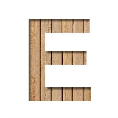 Işık tahtasındaki yazı tipi. E harfi, dikey ahşap bir zeminde kağıttan kesilmiş. Tahta yazı tipleri kümesi
