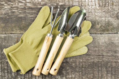 Eski ahşap bir masa üzerinde bahçe aletleri ile iş veya ev eldivenleri, üst görünüm.