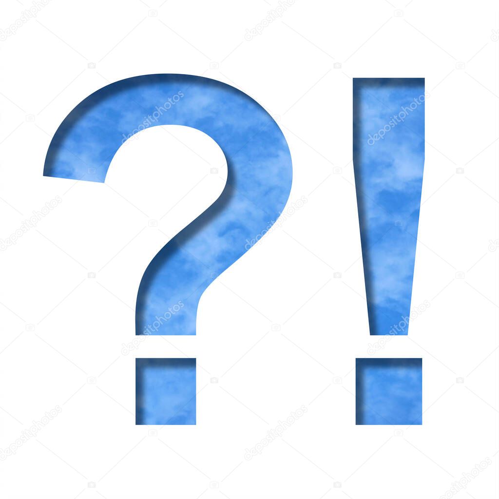 Font on blue sky.  Exclamation and question marks cut out of paper on a background of a bright blue sky with light clouds. Set of decorative natural fonts