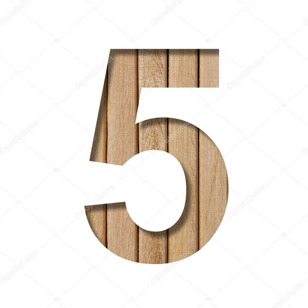 Font on light wood. The digit five, 5 is cut out of paper on a the background of vertical wood planks. Set of wooden fonts.