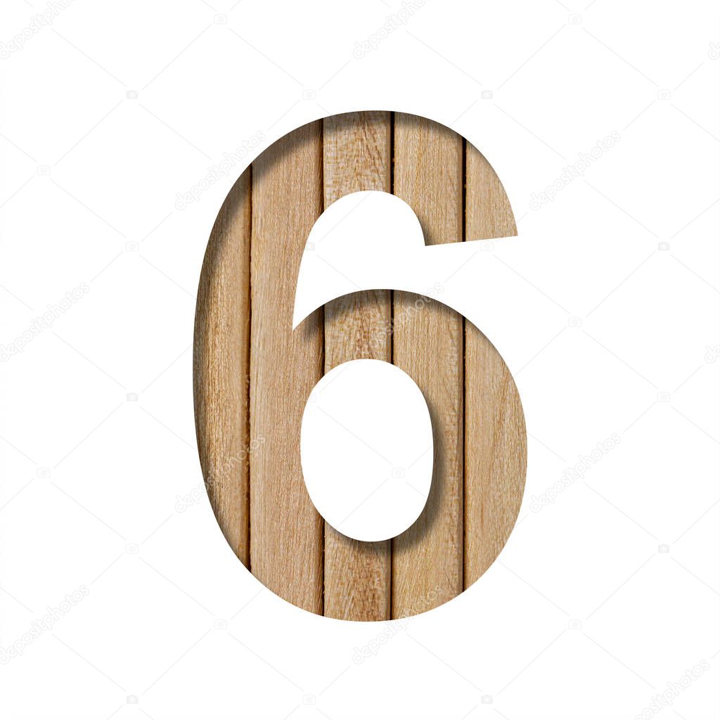 Font on light wood. The digit six, 6 is cut out of paper on a the background of vertical wood planks. Set of wooden fonts.