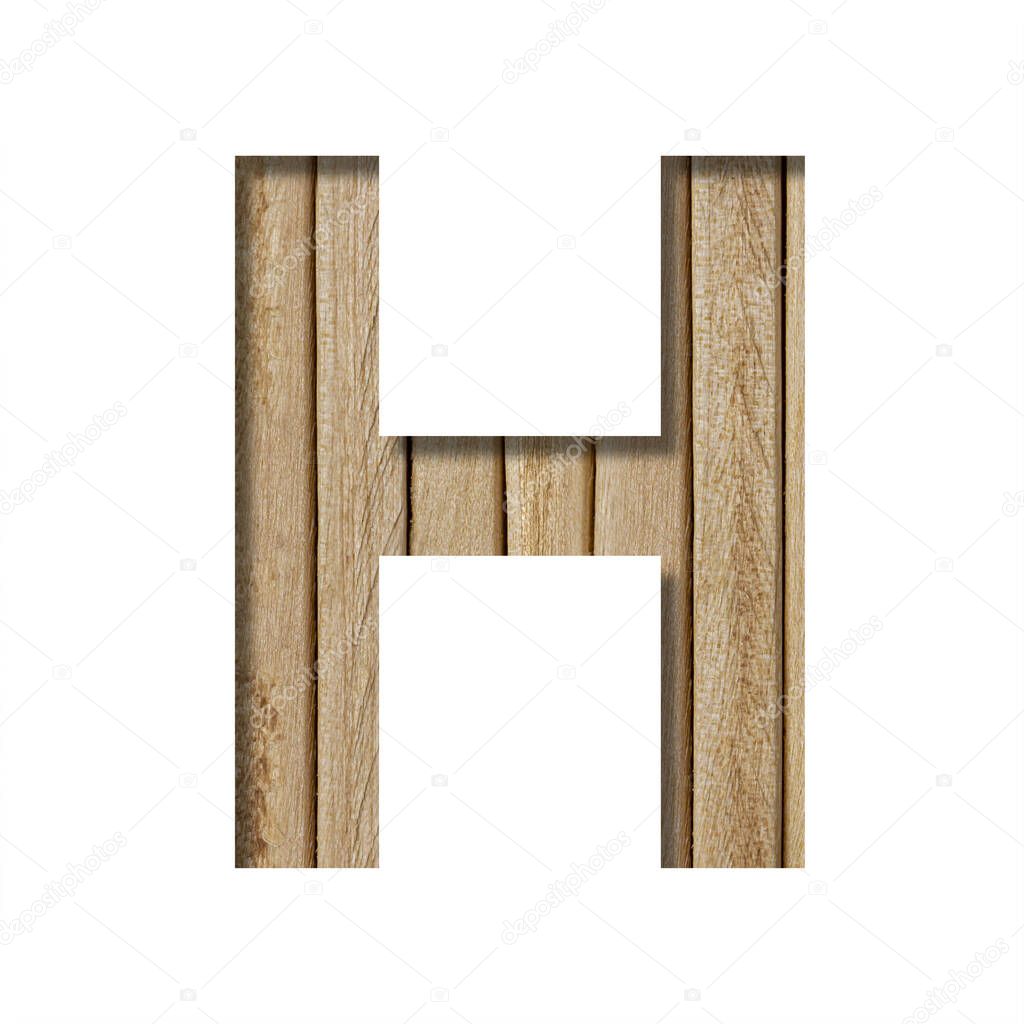 Font on light wood. Letter H is cut out of paper on a the background of vertical wood planks. Set of wooden fonts