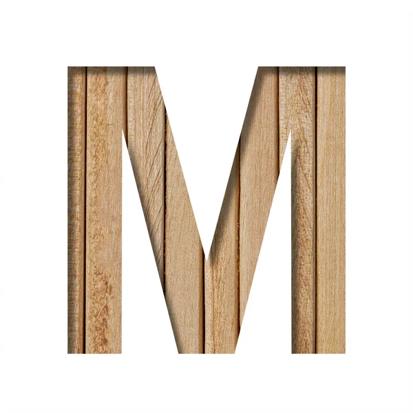 轻木上的字体 字母M在垂直木板的背景上刻在纸上 一套木制字体 — 图库照片