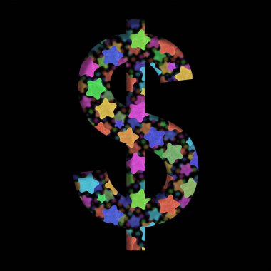 Yeni yıl yazı tipi. Farklı boyutlardaki parlak renkli yıldızların arka planında siyah kağıttan kesilen dolar para sembolü. Yeni Yıl veya diğer tatil yazı tipleri kümesi