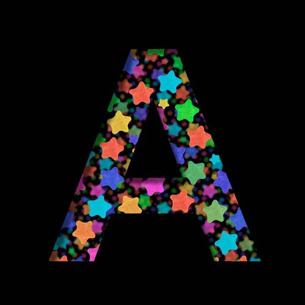 New Years font. The letter A cut out of black paper on the background of bright colored stars of different sizes. Set of New Year or others holidays fonts