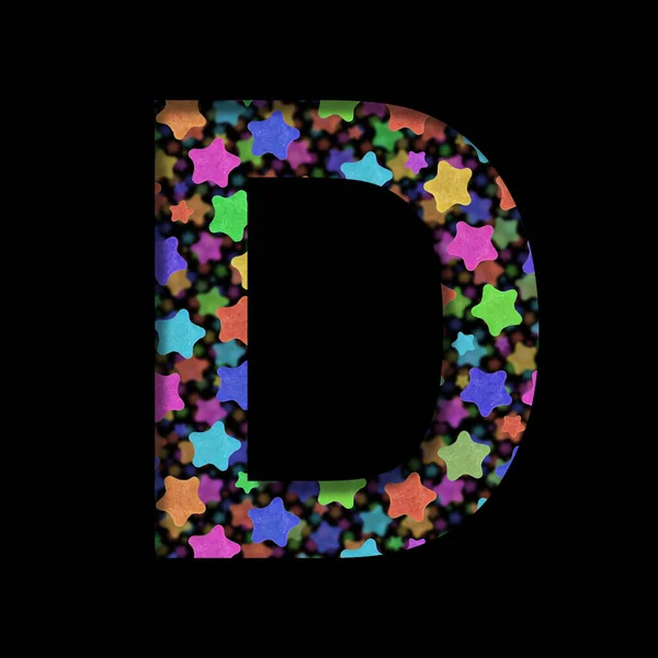 New Years font. The letter D cut out of black paper on the background of bright colored stars of different sizes. Set of New Year or others holidays fonts