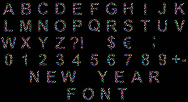 新年のフォントのセット アルファベット文字Abcdefghijklmnopqrstuvwyzと数字1234567890異なるサイズの明るい色の星の背景に黒い紙からカット — ストック写真