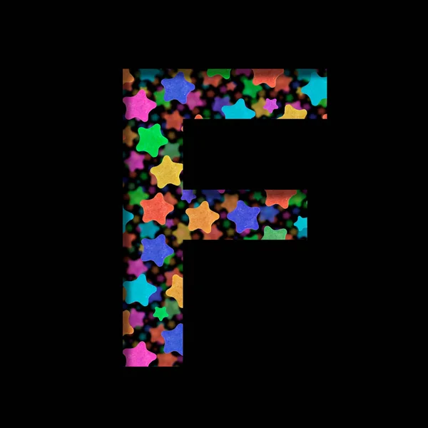 新年字体 字母F是从黑纸上剪下来的 背景是不同大小的明亮的彩色恒星 农历新年或其他假日字体 — 图库照片