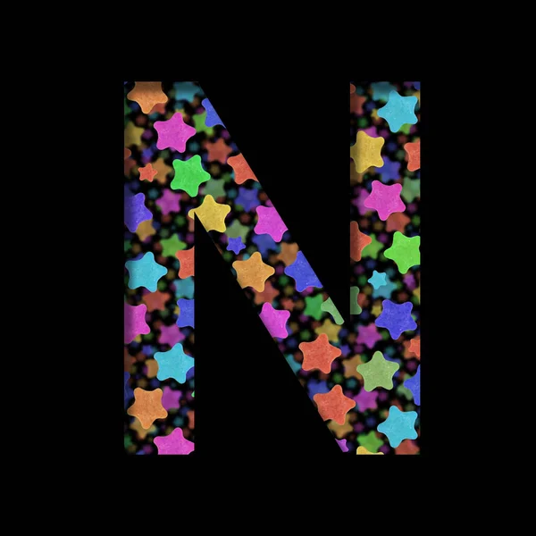 New Years font. The letter N cut out of black paper on the background of bright colored stars of different sizes. Set of New Year or others holidays fonts