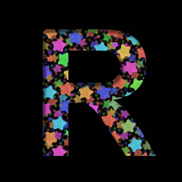 New Years font. The letter R cut out of black paper on the background of bright colored stars of different sizes. Set of New Year or others holidays fonts
