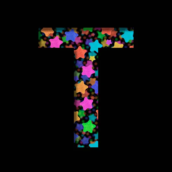 New Years font. The letter T cut out of black paper on the background of bright colored stars of different sizes. Set of New Year or others holidays fonts