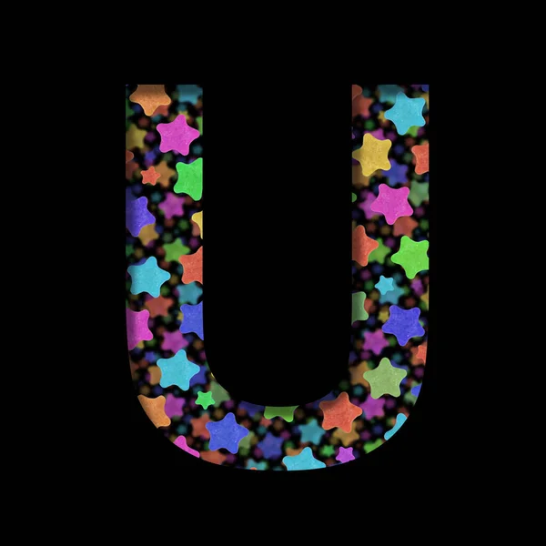 New Years font. The letter U cut out of black paper on the background of bright colored stars of different sizes. Set of New Year or others holidays fonts