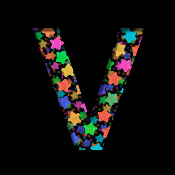 New Years font. The letter V cut out of black paper on the background of bright colored stars of different sizes. Set of New Year or others holidays fonts