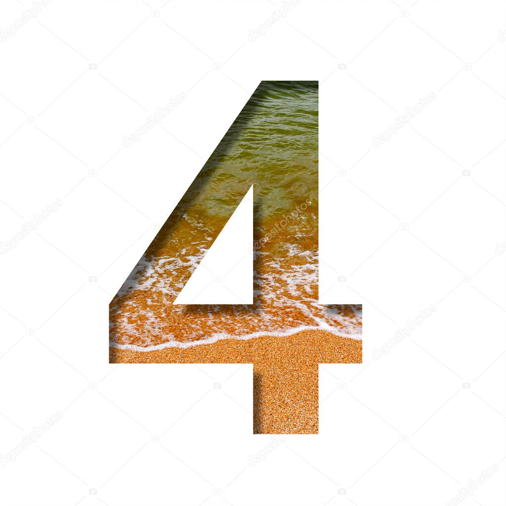 Sea shore font. The digit four, 4 cut out of paper on a background of the beach of seashore with coarse sand and emerald water. Set of decorative natural fonts.
