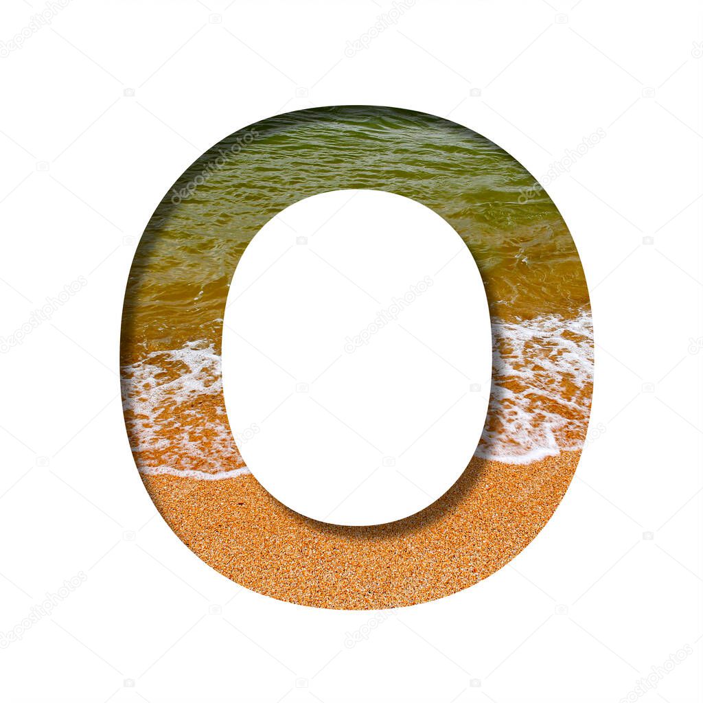 Sea shore font. The letter O cut out of paper on a background of the beach of seashore with coarse sand and emerald water. Set of decorative natural fonts.