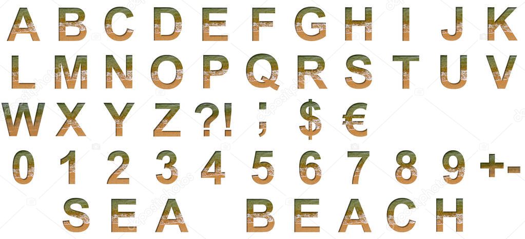 Sea shore font. Alphabet letters ABCDEFGHIJKLMNOPQRSTUVWXYZ and digits 1234567890 set cut out of paper on a background of the beach of seashore with coarse sand and emerald water.