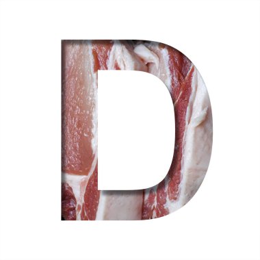 Taze et yazı tipi. D harfi, çiğ pastırma arkaplanından kesilmiş. Dekoratif yemek yazı tipleri seti.