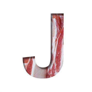 Taze et yazı tipi. J harfi, arka planda çiğ pastırma üzerine kesilmiş. Dekoratif yemek yazı tipleri seti.