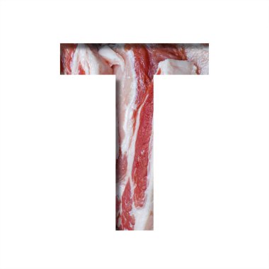 Taze et yazı tipi. T harfi, arka planda çiğ pastırma üzerine yazılmış kağıttan kesilmiş. Dekoratif yemek yazı tipleri seti.