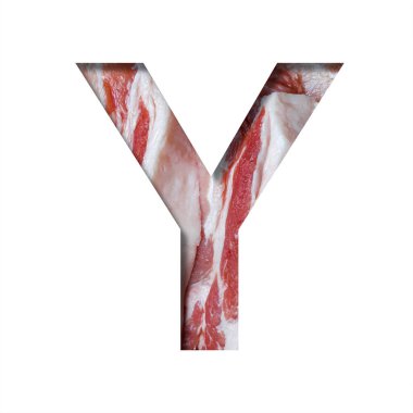 Taze et yazı tipi. Y harfi, arka planda çiğ pastırma üzerine yazılmış kağıttan kesilmiş. Dekoratif yemek yazı tipleri seti.
