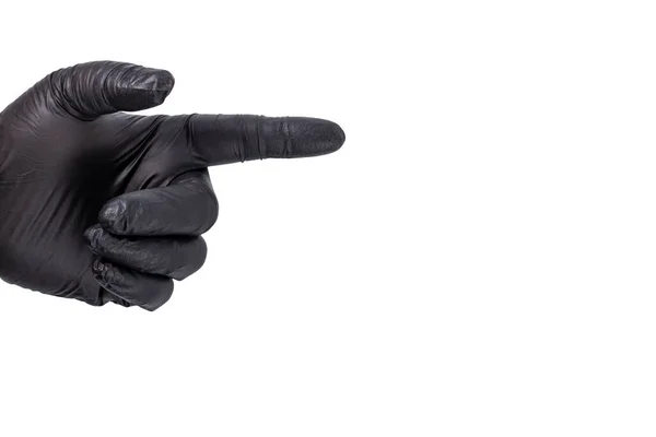 Рука Чоловіка Чорній Рукавичці Вказує Напрямок Переслідувачем Банером Або Маком — стокове фото