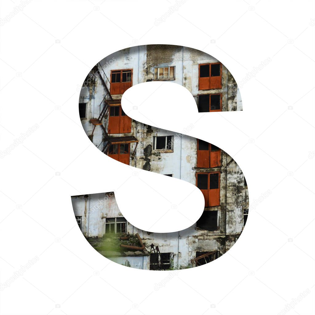 Font on an abandoned industrial building. The letter S cut out of paper on a background of windows and doors of an abandoned industrial building. Set of decorative fonts.